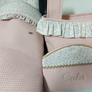 Kit de paseo artesanal waffle rosa empolvado – bolso, saco para capazo y neceser liberty