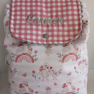 Mochila infantil personalizada con patitos y cuadros rosa